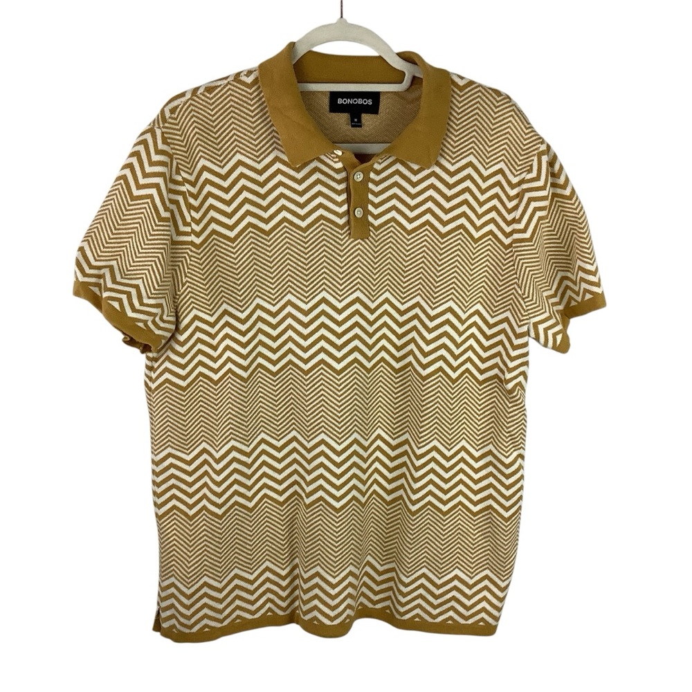 Bonobos Gold Chevron Stripe Knit Polo Shirt Size Medium